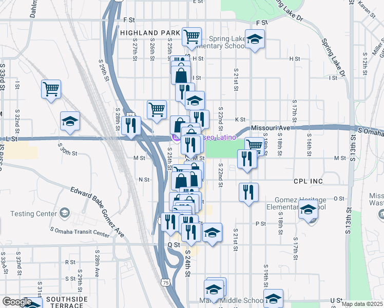 map of restaurants, bars, coffee shops, grocery stores, and more near 2301 M Street in Omaha