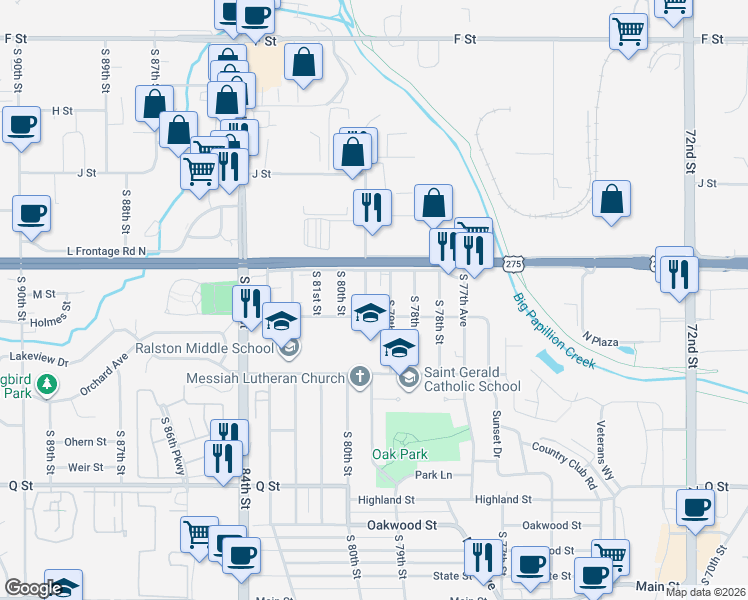 map of restaurants, bars, coffee shops, grocery stores, and more near 4741 South 79th Avenue in Ralston