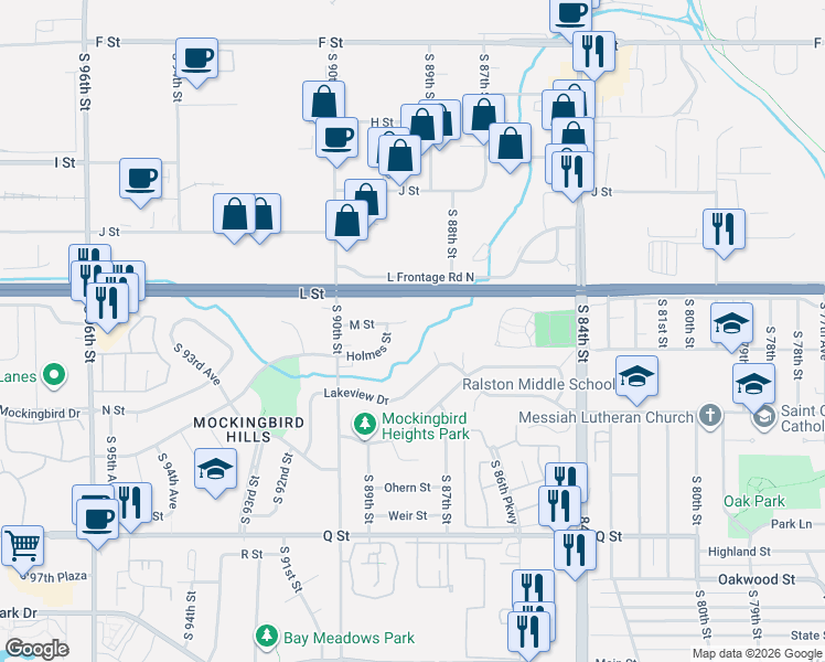 map of restaurants, bars, coffee shops, grocery stores, and more near 4865 South 90th Street in Omaha