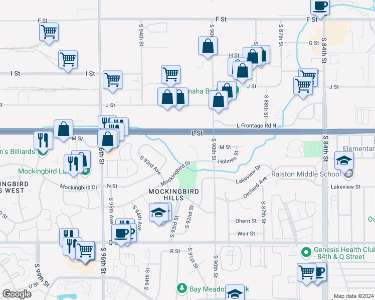 map of restaurants, bars, coffee shops, grocery stores, and more near 9222 Mockingbird Drive in Omaha