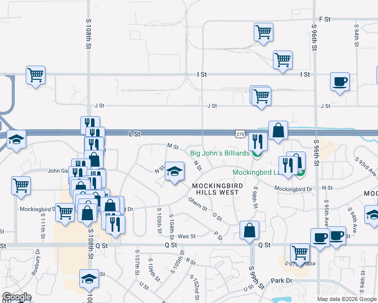 map of restaurants, bars, coffee shops, grocery stores, and more near 10341 N Street in Omaha