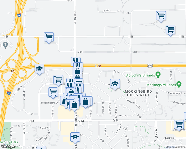 map of restaurants, bars, coffee shops, grocery stores, and more near 4809 South 107th Avenue in Omaha