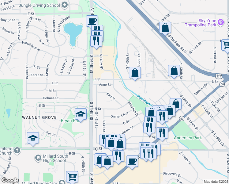map of restaurants, bars, coffee shops, grocery stores, and more near 4844 Marshall Drive in Omaha