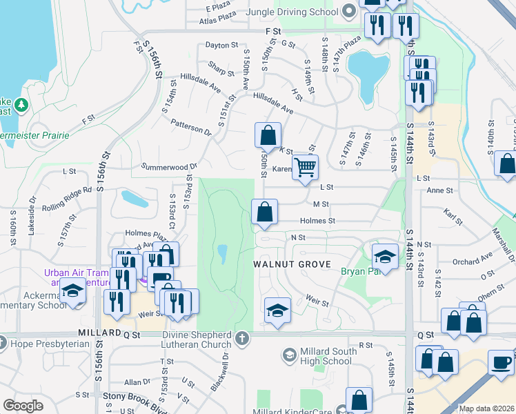 map of restaurants, bars, coffee shops, grocery stores, and more near 15010 Holmes Street in Omaha