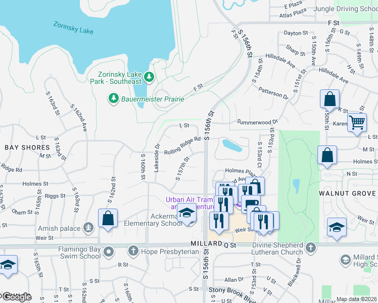 map of restaurants, bars, coffee shops, grocery stores, and more near 4805 South 157th Street in Omaha