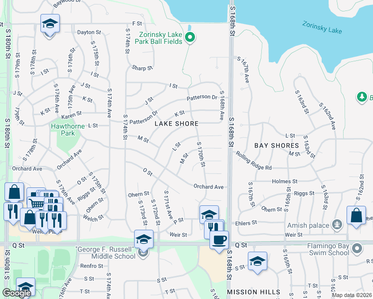 map of restaurants, bars, coffee shops, grocery stores, and more near 17030 M Street in Omaha