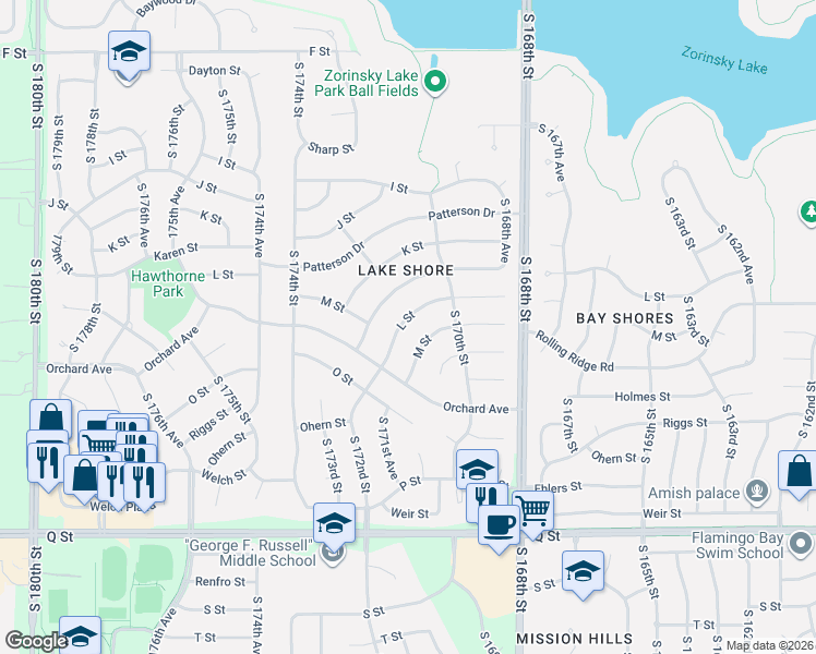 map of restaurants, bars, coffee shops, grocery stores, and more near 17030 M Street in Omaha