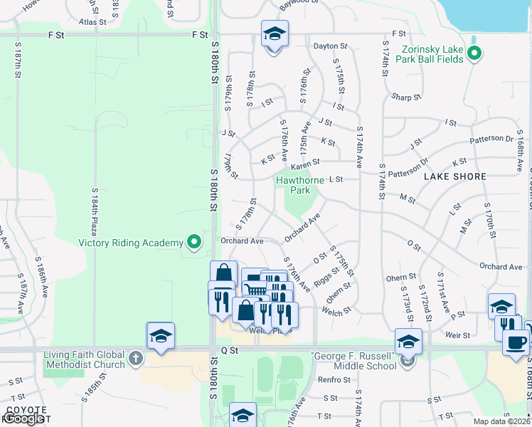 map of restaurants, bars, coffee shops, grocery stores, and more near 4810 South 177th Street in Omaha