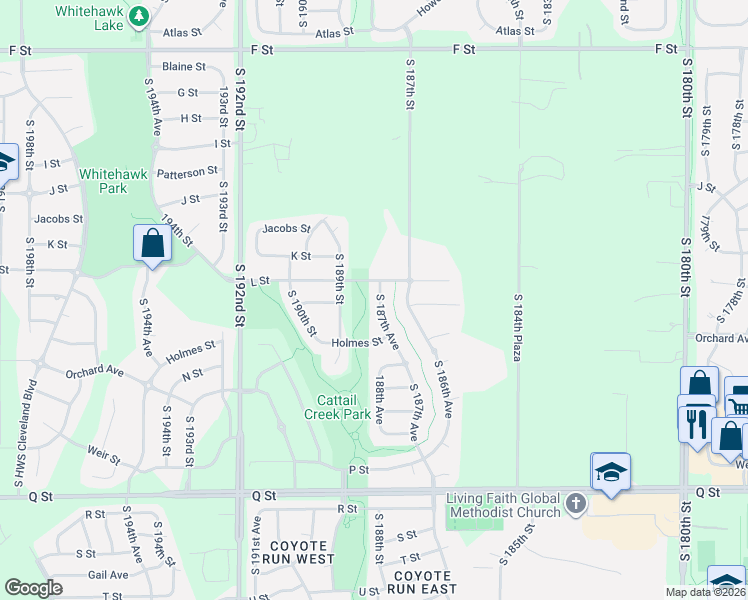 map of restaurants, bars, coffee shops, grocery stores, and more near 4736 South 187th Avenue in Omaha