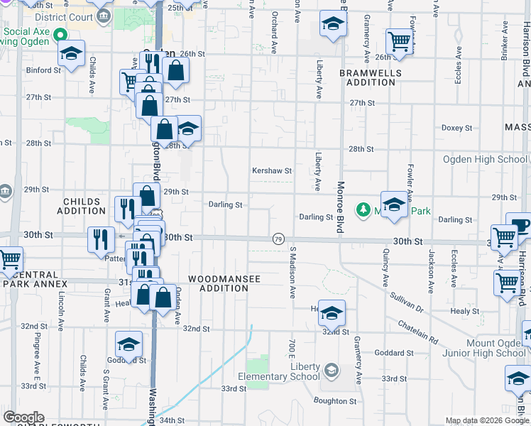 map of restaurants, bars, coffee shops, grocery stores, and more near 625 Darling Street in Ogden