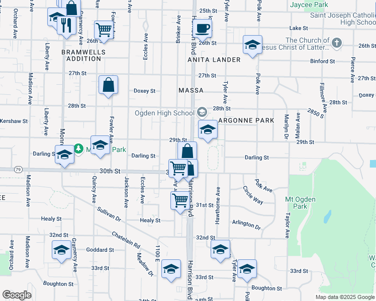 map of restaurants, bars, coffee shops, grocery stores, and more near 2927 Harrison Boulevard in Ogden