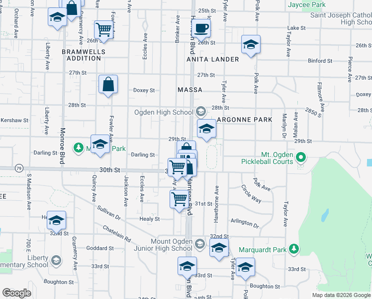 map of restaurants, bars, coffee shops, grocery stores, and more near 2927 Harrison Boulevard in Ogden