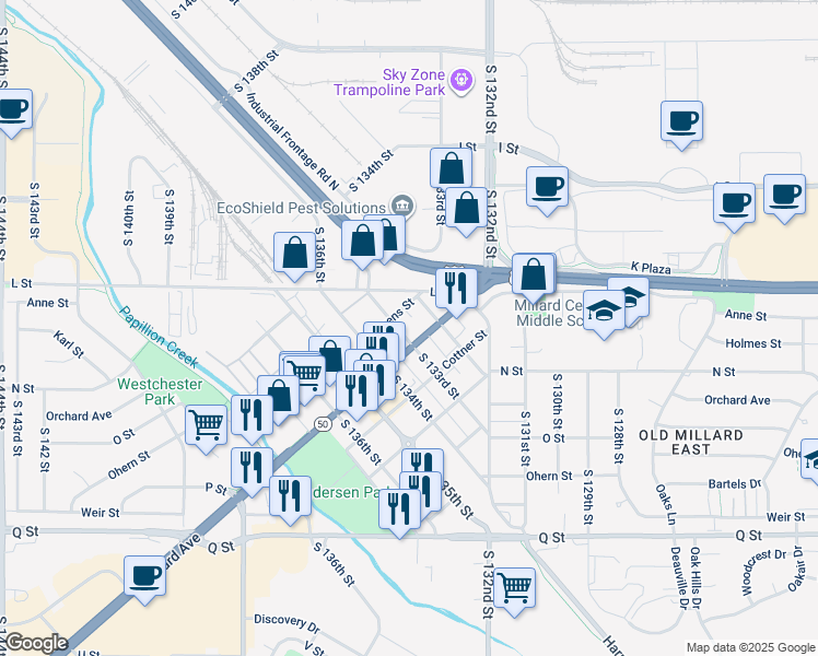 map of restaurants, bars, coffee shops, grocery stores, and more near 13270 Millard Avenue in Omaha