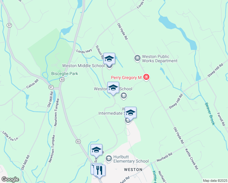 map of restaurants, bars, coffee shops, grocery stores, and more near 115 School Road in Weston