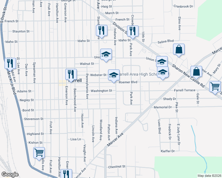 map of restaurants, bars, coffee shops, grocery stores, and more near 1229 Washington Street in Farrell