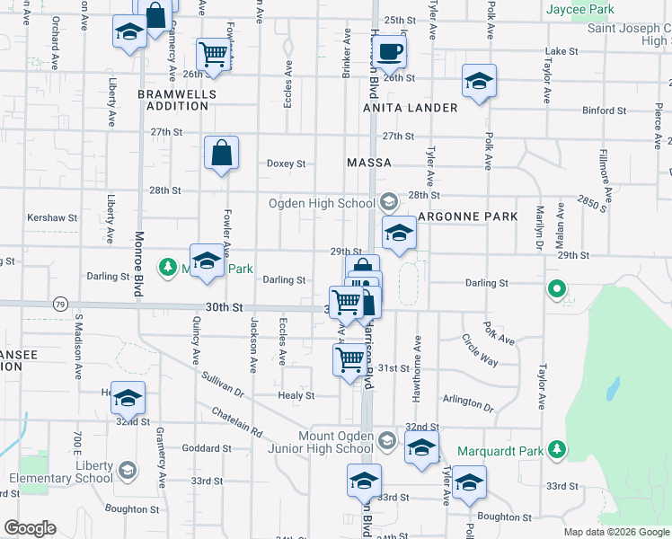 map of restaurants, bars, coffee shops, grocery stores, and more near 2940 Brinker Avenue in Ogden
