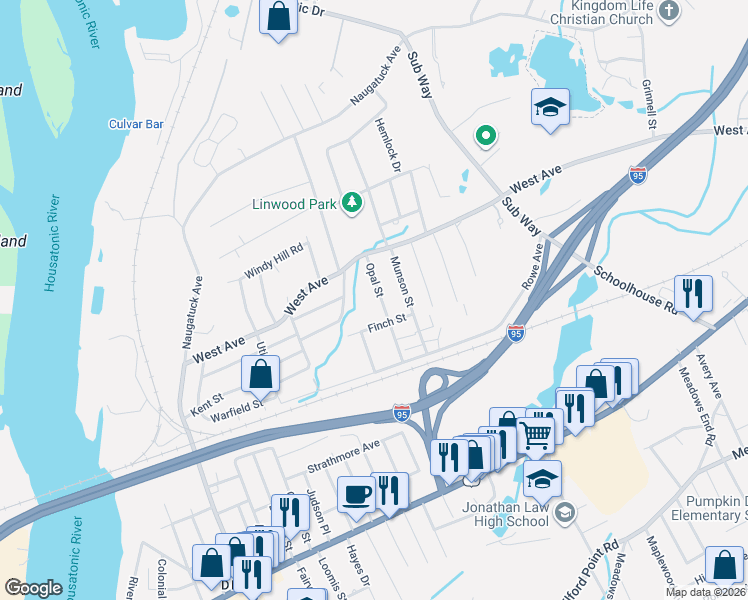 map of restaurants, bars, coffee shops, grocery stores, and more near 43 Opal Street in Milford