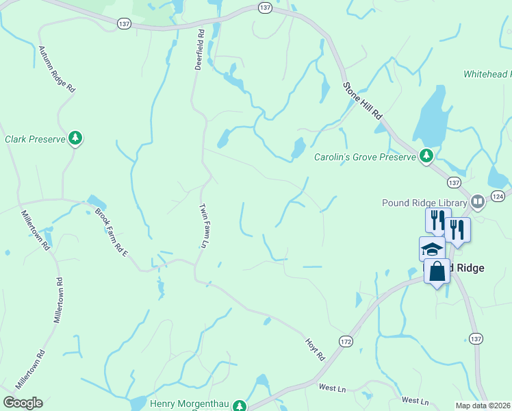 map of restaurants, bars, coffee shops, grocery stores, and more near 23 Doeview Lane in Pound Ridge
