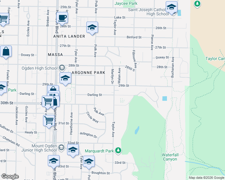 map of restaurants, bars, coffee shops, grocery stores, and more near 1484 Darling Street in Ogden