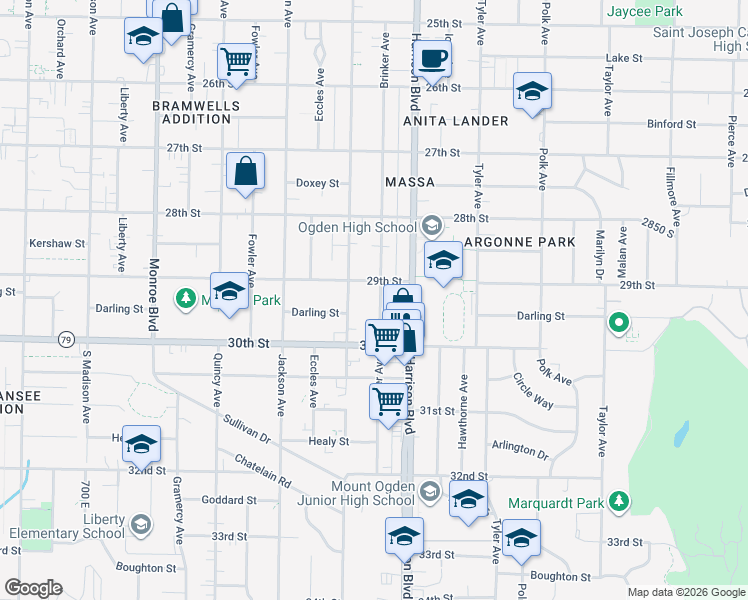 map of restaurants, bars, coffee shops, grocery stores, and more near 2940 Brinker Avenue in Ogden