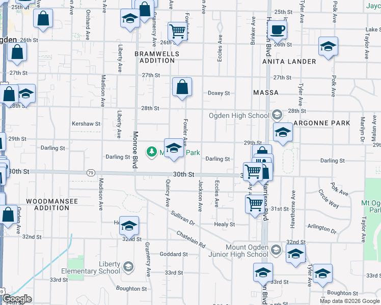 map of restaurants, bars, coffee shops, grocery stores, and more near 2941 Fowler Avenue in Ogden