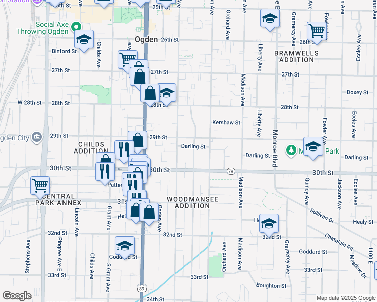map of restaurants, bars, coffee shops, grocery stores, and more near 2954 Adams Avenue in Ogden