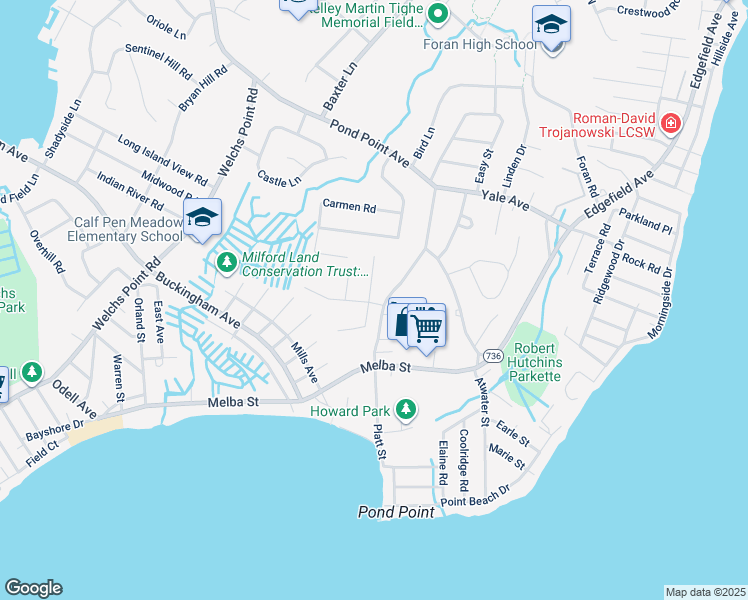 map of restaurants, bars, coffee shops, grocery stores, and more near 153 Platt Street in Milford