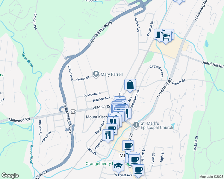 map of restaurants, bars, coffee shops, grocery stores, and more near 9 Mountain Avenue in Mount Kisco