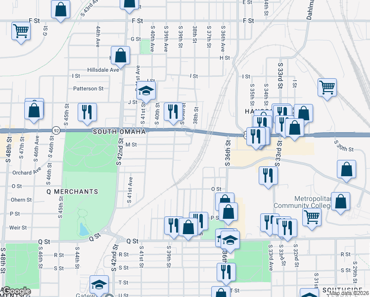 map of restaurants, bars, coffee shops, grocery stores, and more near 4817 South 39th Street in Omaha