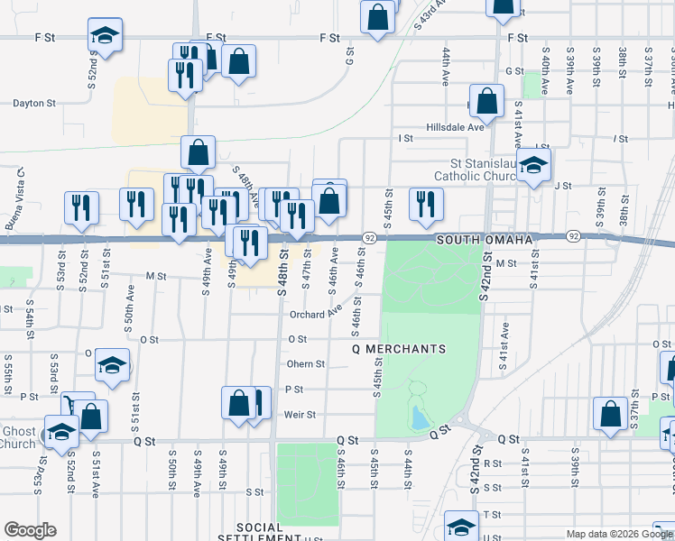 map of restaurants, bars, coffee shops, grocery stores, and more near 4809 South 46th Avenue in Omaha