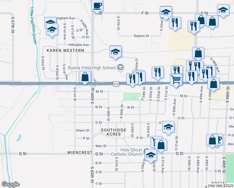 map of restaurants, bars, coffee shops, grocery stores, and more near 5611 M Street in Omaha