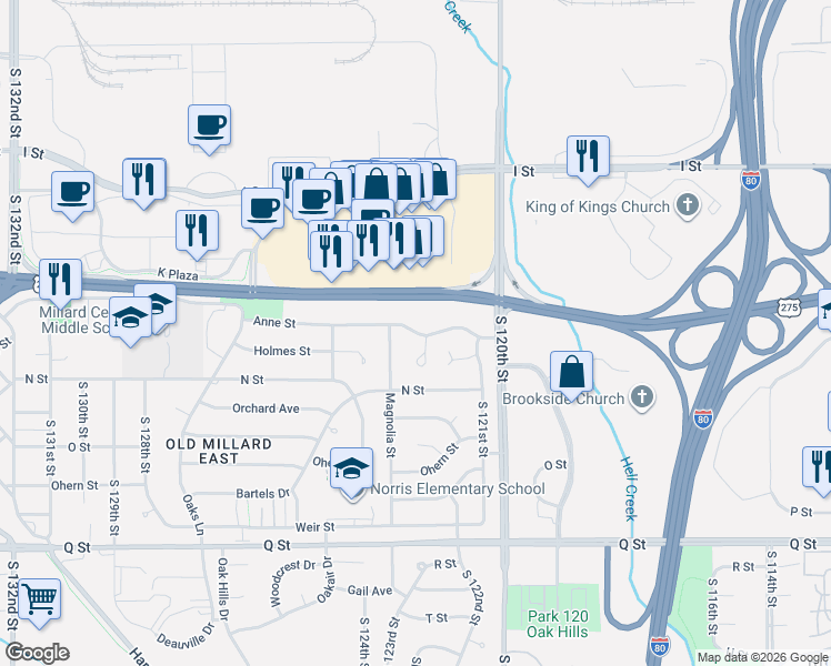 map of restaurants, bars, coffee shops, grocery stores, and more near 4807 South 122nd Court in Omaha