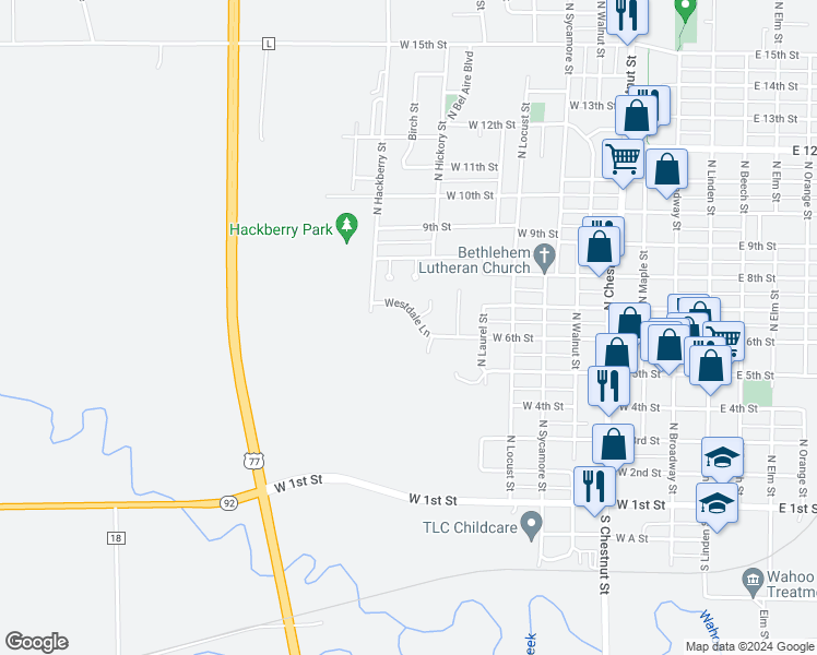 map of restaurants, bars, coffee shops, grocery stores, and more near 929 Westdale Lane in Wahoo