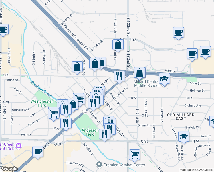 map of restaurants, bars, coffee shops, grocery stores, and more near 13270 Millard Avenue in Omaha