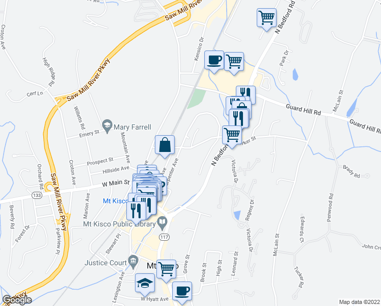 map of restaurants, bars, coffee shops, grocery stores, and more near 28 Barker Street in Mount Kisco