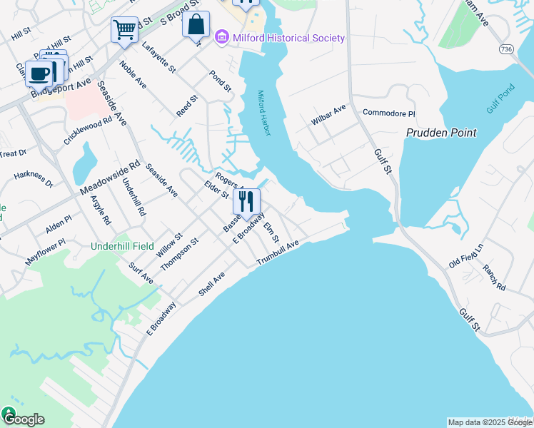 map of restaurants, bars, coffee shops, grocery stores, and more near 12 Elm Street in Milford