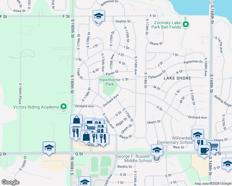 map of restaurants, bars, coffee shops, grocery stores, and more near 17498 Orchard Avenue in Omaha