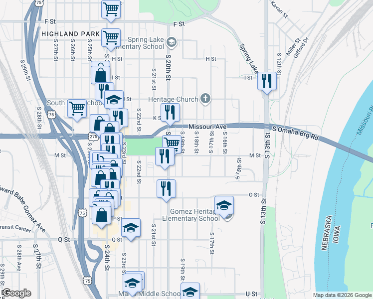 map of restaurants, bars, coffee shops, grocery stores, and more near 1813 M Street in Omaha