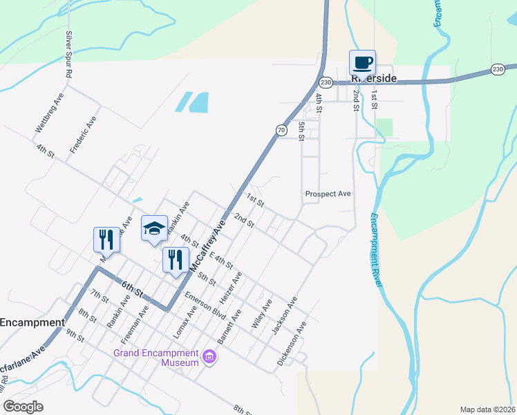 map of restaurants, bars, coffee shops, grocery stores, and more near 121-199 Lomax Avenue in Encampment