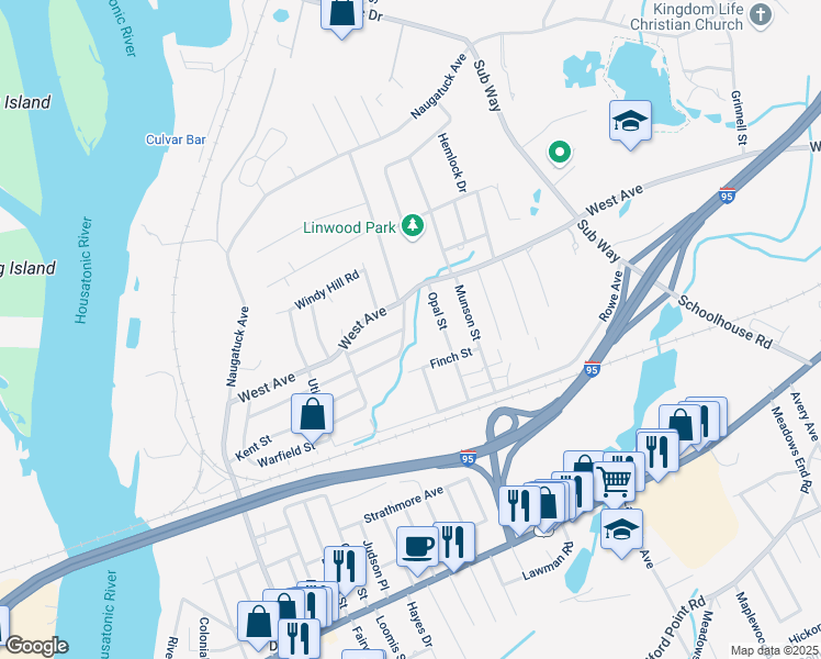map of restaurants, bars, coffee shops, grocery stores, and more near 33 Gresham Street in Milford