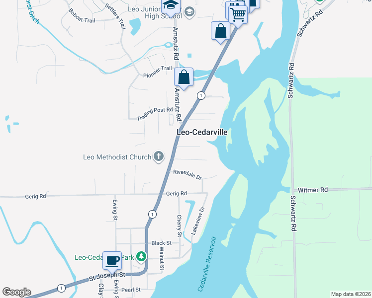map of restaurants, bars, coffee shops, grocery stores, and more near 10101-10111 Riverview Drive in Leo-Cedarville