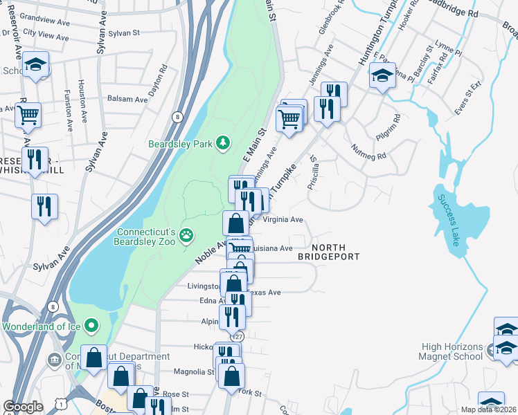 map of restaurants, bars, coffee shops, grocery stores, and more near 121 Huntington Turnpike in Bridgeport