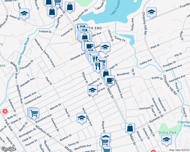 map of restaurants, bars, coffee shops, grocery stores, and more near 33 Stoehrs Place in Bridgeport