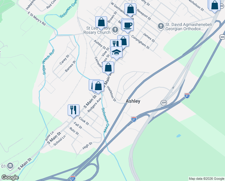 map of restaurants, bars, coffee shops, grocery stores, and more near 27 Hazleton St in Ashley