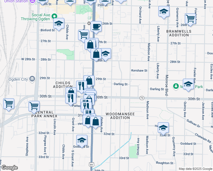 map of restaurants, bars, coffee shops, grocery stores, and more near 468 Darling Street in Ogden