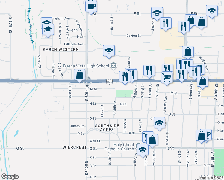 map of restaurants, bars, coffee shops, grocery stores, and more near 5611 M Street in Omaha