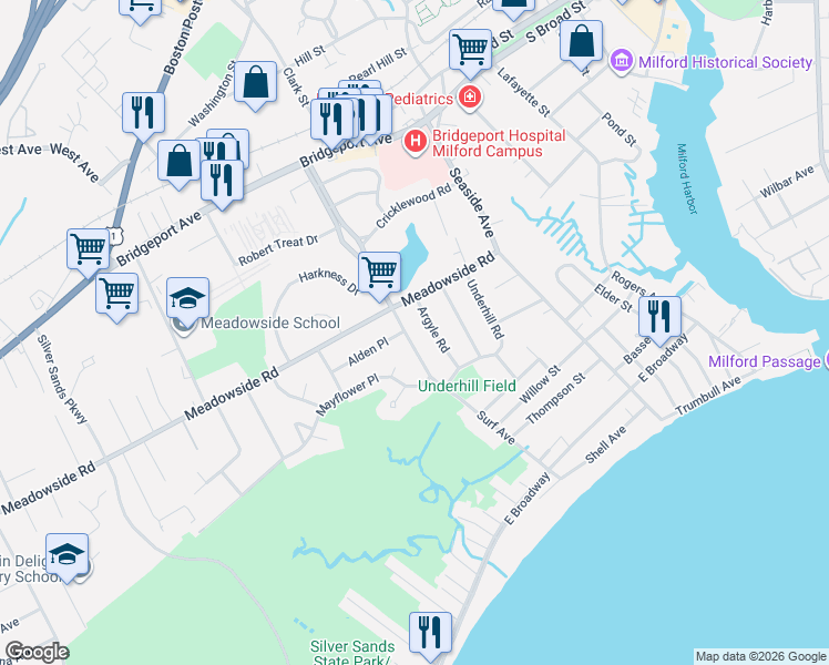 map of restaurants, bars, coffee shops, grocery stores, and more near 188 Robert Treat Parkway in Milford