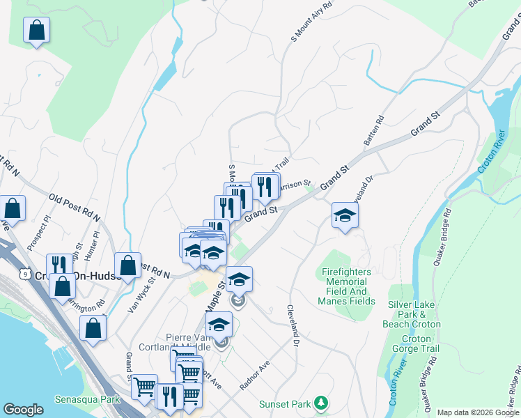 map of restaurants, bars, coffee shops, grocery stores, and more near 188 Grand Street in Croton-on-Hudson