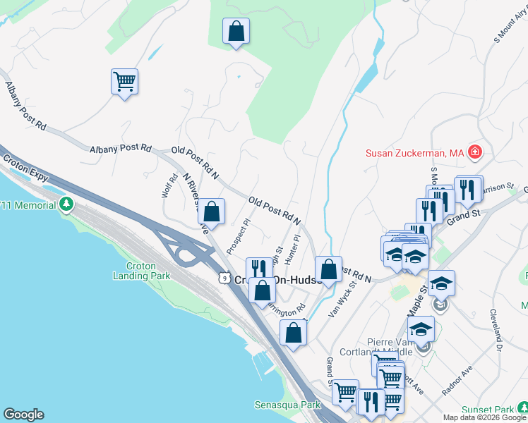 map of restaurants, bars, coffee shops, grocery stores, and more near 100 Old Post Road North in Croton-on-Hudson