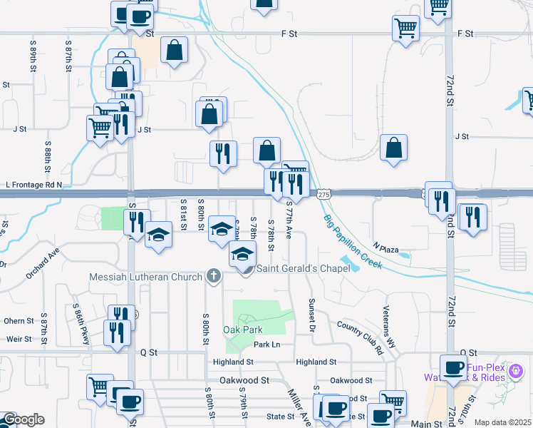 map of restaurants, bars, coffee shops, grocery stores, and more near 4741 South 78th Street in Ralston